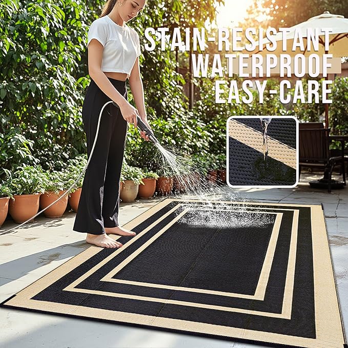 OLANLY Outdoor Rug 9x12 ft Waterproof, Reversible Outdoor Plastic Straw Rug, RV Mat, Indoor Outdoor Carpet Clearance for Patio, Camping, Balcony, Deck, Backyard, Black & Beige