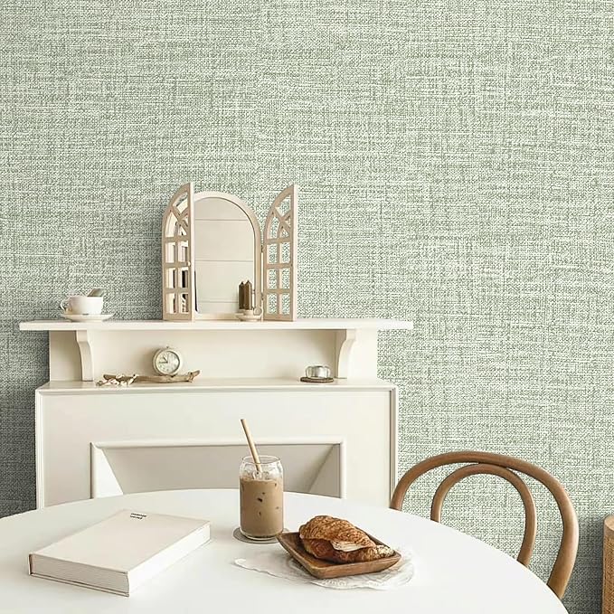 Green Grasscloth Peel and Stick Wallpaper 17.3"x480" Faux Linen Textured - Image 5