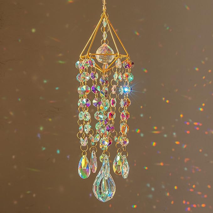 HDCRYSTALGIFTS Crystal Suncatchers for Window Hanging Wind Chime Style Garden Sun Catchers with Crystals Rainbow Maker Indoor Outdoor Decor Handmade Gold Plated