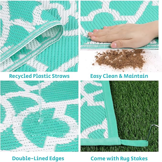 HEBE Outdoor Rug Waterproof 9x12, Reversible Plastic Straw Rug RV Camping Rug, Indoor Outdoor Patio Mat Clearance, Outside Carpet for Porch,Deck,Camper,Balcony,Backyard,Picnic