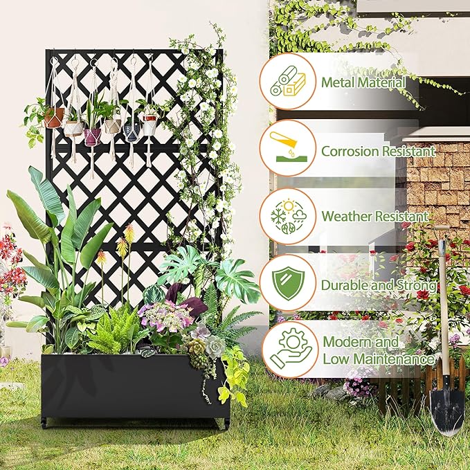 Metal Planter Trellis Box with Wheels & Drain Plug Outdoor Raised Garden Bed Patio Privacy Screen with Planter for Climbing Plants, Vegetables 73"x35"x16" Black-Diamond