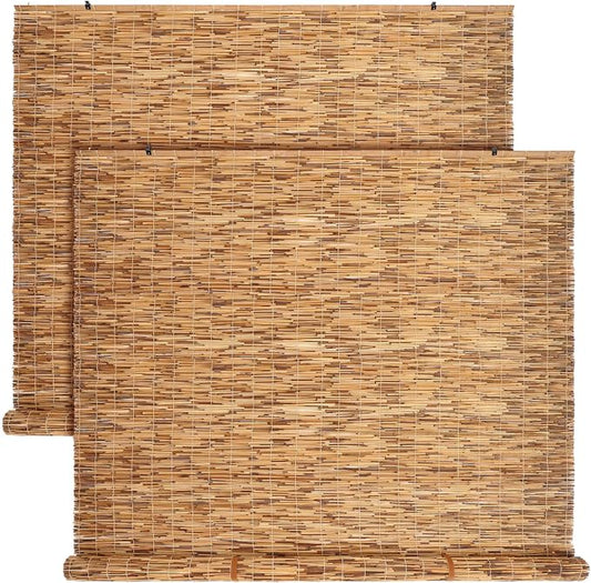 DoubleFill 2 Pcs Bamboo Shades Outdoor Reed Roll Up Blinds 72" W x 72" H by DoubleFill
