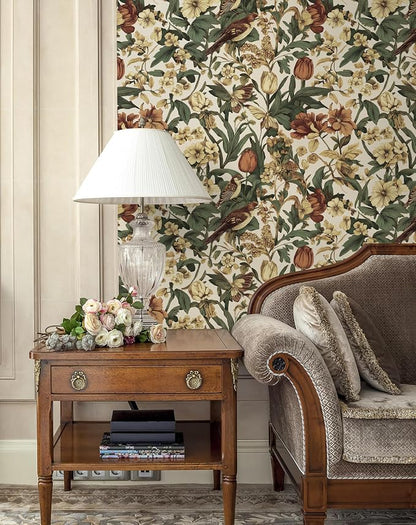 Erfoni 17.3" x118" Floral Birds Wallpaper Vintage Floral Peel and Stick - Image 2