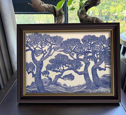 Vintage Gold Framed Wall Art Oak Tree Forest Painting Canvas Prints Blue - Image 8