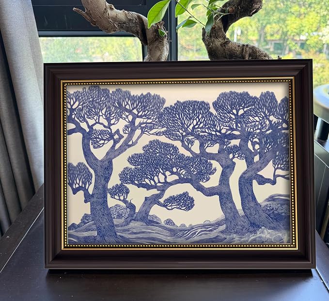 Vintage Gold Framed Wall Art Oak Tree Forest Painting Canvas Prints Blue - Image 6