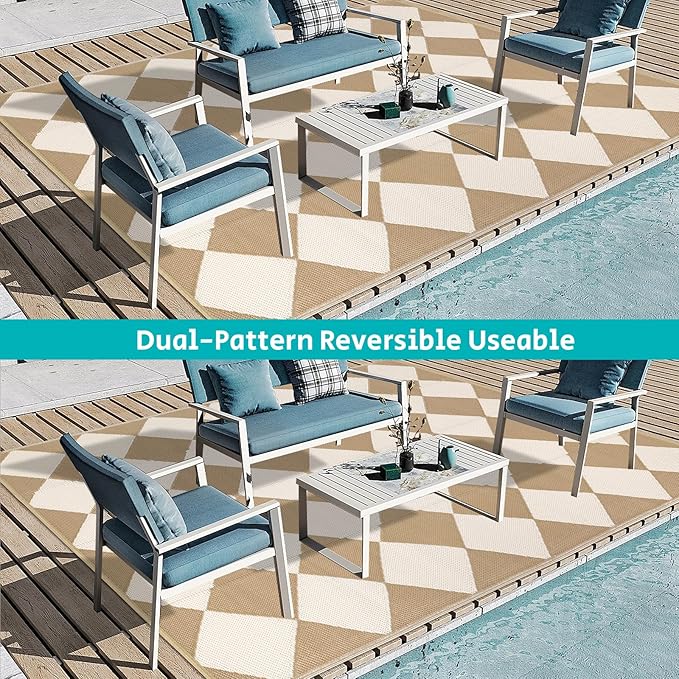 HEBE Outdoor Rug Waterproof 9x12, Plastic Straw Rug Camping Rug, Reversible Outdoor Patio Rugs RV Mat Clearance, Indoor Outside Floor Carpet for Porch,Deck,Camper,Balcony,Backyard