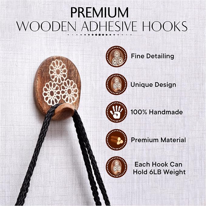 Indian Shelf 6 Lb Decorative Wood Adhesive Wall Hooks–Boho Peel and Stick Hooks - Image 5