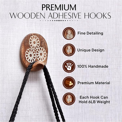 IndianShelf 6 Lb- 24 Pieces Decorative Wood Adhesive Wall Hooks–Boho Peel and - Image 5