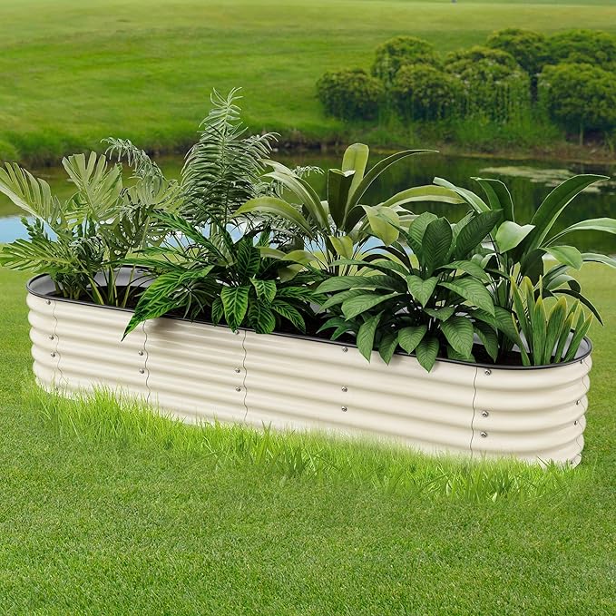 Raised Garden Beds 8 X 2 X 1.4Ft, Galvanized Raised Garden Beds Outdoor Planter Box for Vegetables, Gardening, Flowers, Fruits etc (Ivory)