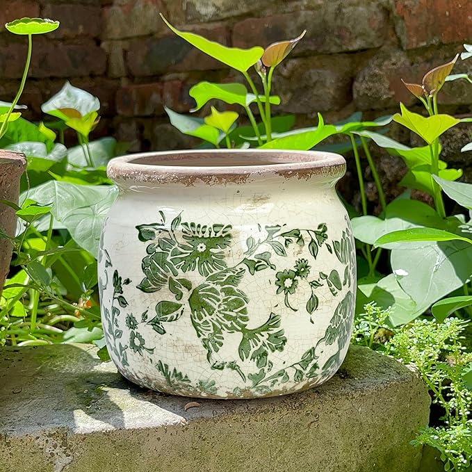 Vintage Ceramic Ice Crack Flower Pot with Drainage Holes, Country Rustic Planters for Indoor and Outdoor,Tuscan Decor,Home,Living Room, Garden Decor, Gardening Gift (Country)