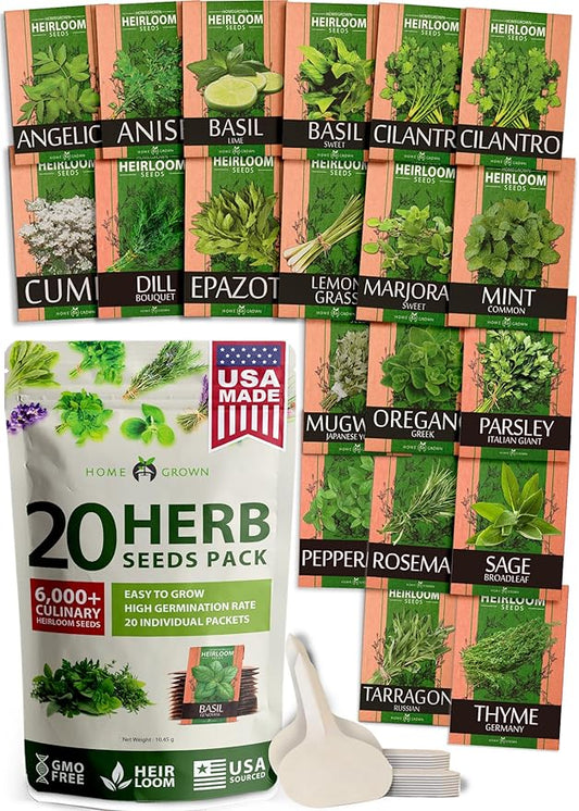 HOME GROWN 20 Herb Seeds for Planting 6,000+ Non-GMO Heirloom Seeds | Extra Large Variety Pack Herb Kit – Indoor Outdoor & Hydroponic | Culinary Seed Set | Grow Your Own Herbs | Gardening Gift