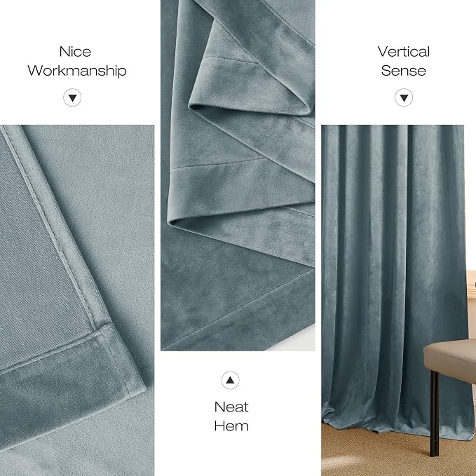 NICETOWN Stone Blue Velvet Room Darkening Curtains, Home Decor Light Blocking - Image 7