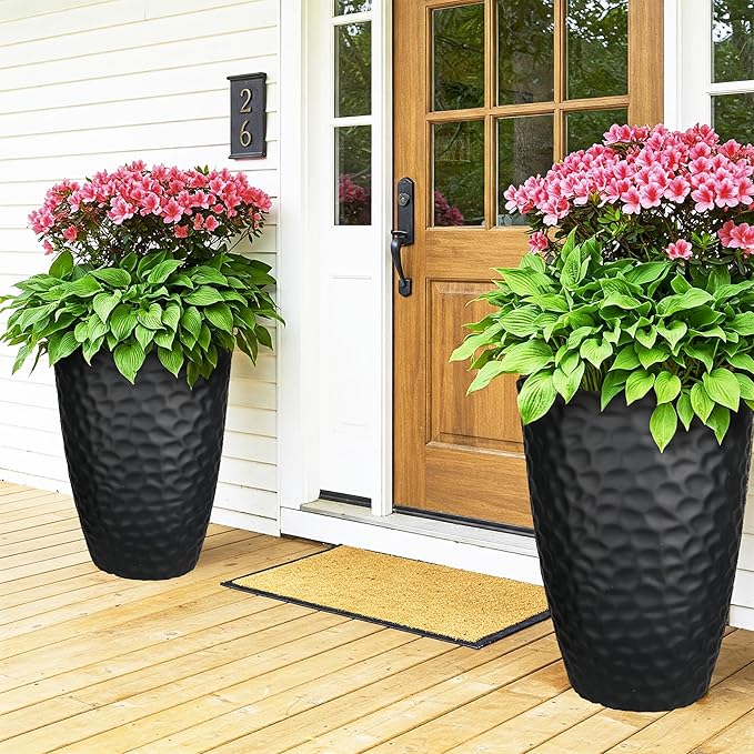 Worth Garden 24" H Tall Hammered Texture Planters Set of 2 - Matte Black Plastic Flower Pot with Drainage Holes, Modern Outdoor Indoor Lightweight Pots for Large Plants, Durable Decor Containers