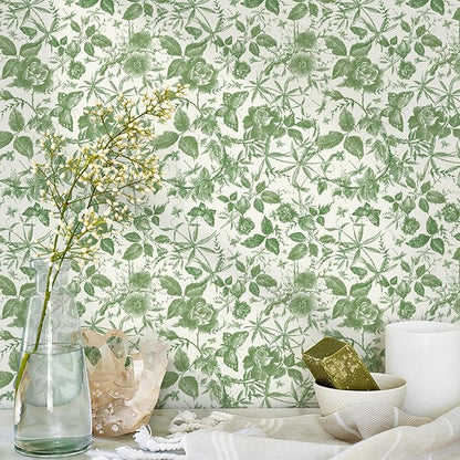 JiffDiff Floral Vintage Wallpaper Peel and Stick，Green Rose Wallpaper Removable by wallpaper