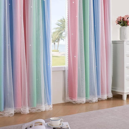 XiDi Curtains for Bedroom Decor, Rainbow Pink GreenBlue34/45/1 - Image 3