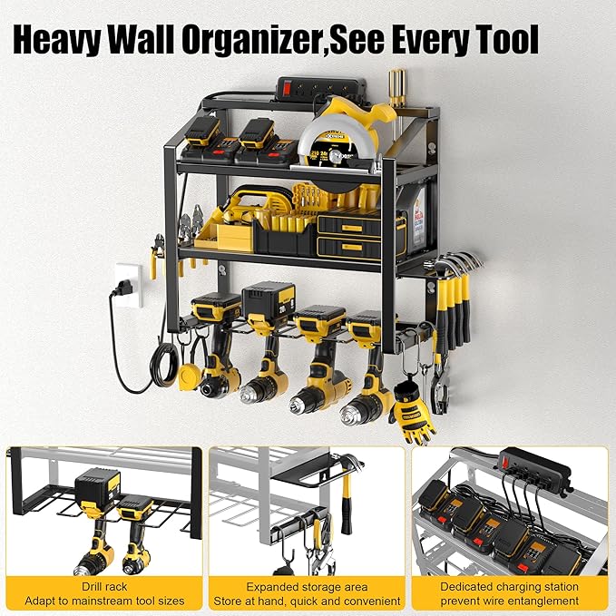 Power Tool Organizer With Charging Station, Heavy Duty Steel 4 Slots, Tool Battery Holder with 4 Outlet Power Strip, Easy To Install Garage Storage Rack for Workshop/Shed Gift For Men