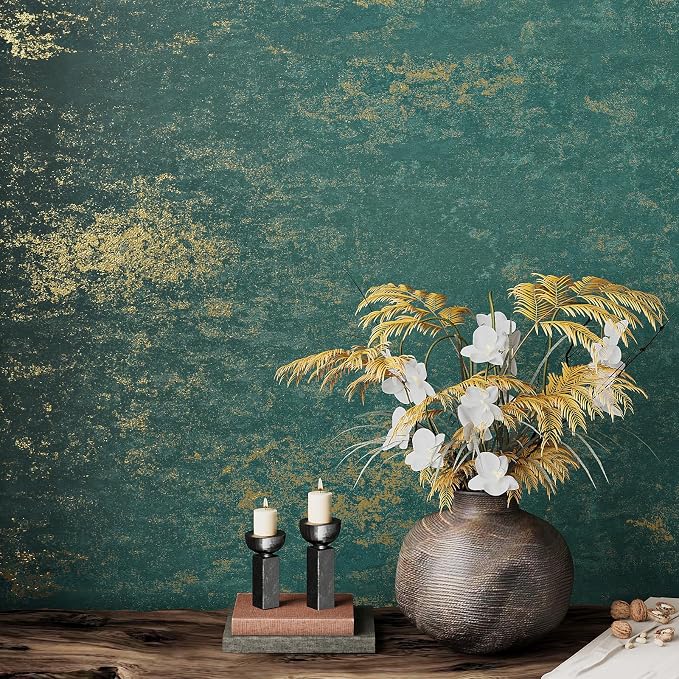 VEELIKE Distressed Teal Gold Metallic Wallpaper Peel and Stick Plaster Concrete by VEELIKE