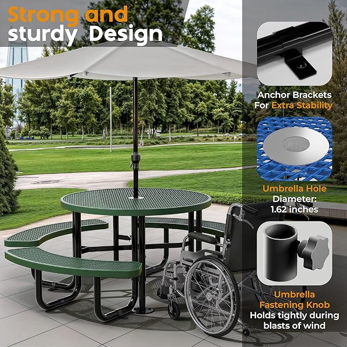 Metal Picnic Tables for Outdoors with Umbrella Hole - Coated Steel Heavy Duty Commercial Grade Table with Adjustable Seats (Green, 46 in, Round, Expanded Steel)