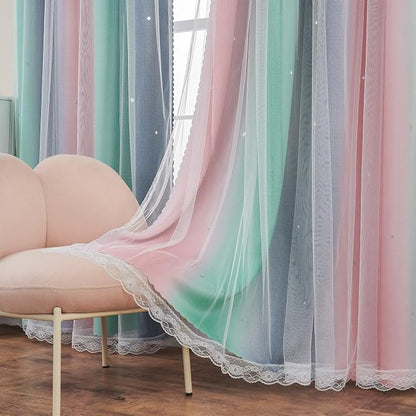 XiDi Curtains for Bedroom Decor, Rainbow Pinkgreen grey52/96 - Image 6