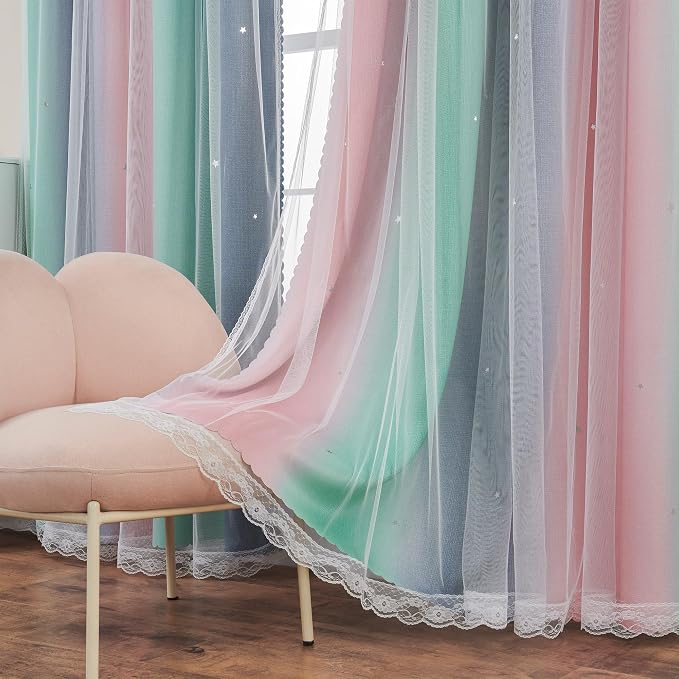 XiDi Curtains for Bedroom Decor, Rainbow Pinkgreen grey34/45 - Image 5