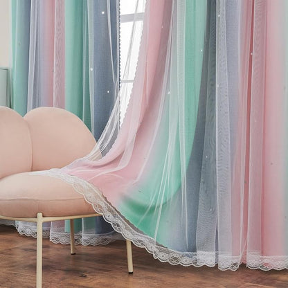 XiDi Curtains for Bedroom Decor, Rainbow Pinkgreen grey34/45 - Image 5