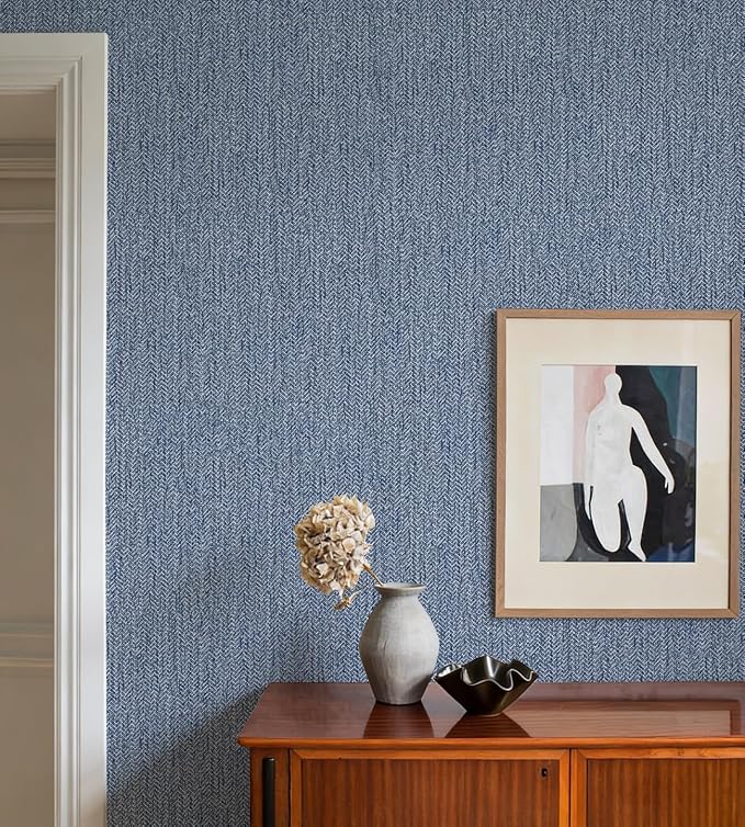 Grasscloth Peel and Stick Wallpaper Blue Contact Paper 15.7inch x 196.8inch - Image 2