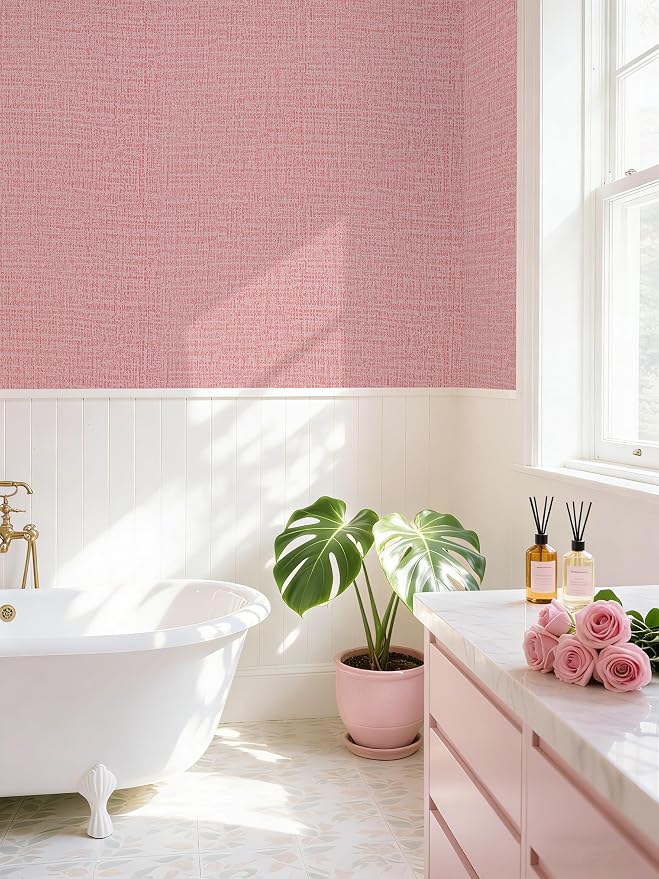 Guvana Grasscloth Peel and Stick Wallpaper Pink Textured Contact Paper Modern - Image 6