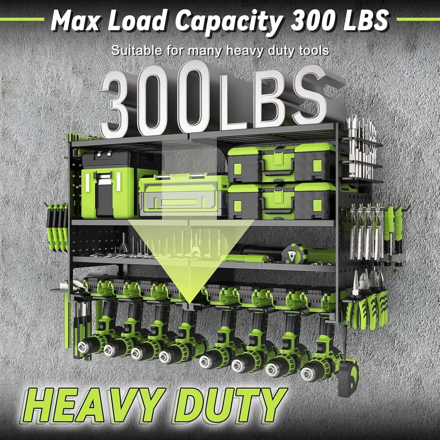 Power Tool Organizer Wall Mount,Heavy Duty Metal 4 Layer 8 Slots Drill Holder,Garage Cordless Storage Rack with Screwdriver Plier Hammer Holder for Workshop Carport Basement