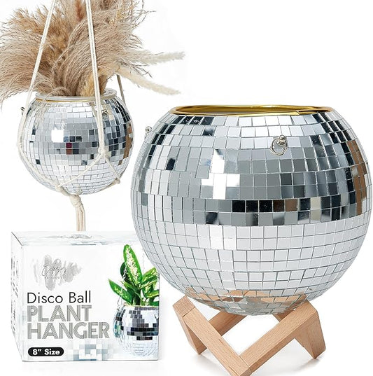 Eekzy Disco Ball 8" Plant Pot - Hanging Planter with Macrame Rope, Square Stand, Silver Chain & Inner Pot - Indoor & Outdoor Decor