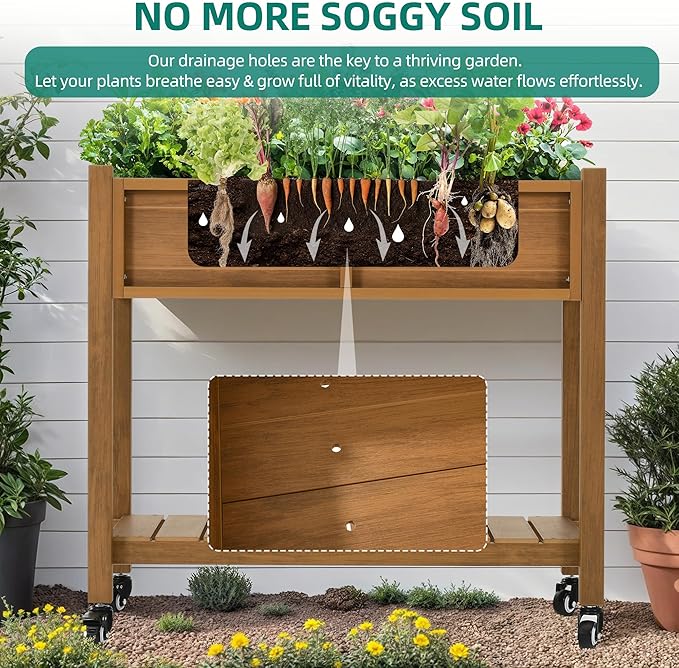 YITAHOME Raised Garden Bed, HIPS Poly Wood Elevated Planter Box with Shelf & Wheels for Mobility, Small Flower Box Stand for Patio Balcony Garden Backyard, Teak