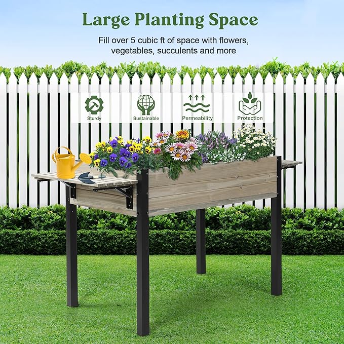 Raised Garden Bed, Metal Leg Wood Planter Boxes with Folding Storage Shelf,Elevated Planter Box for Growing Fresh Herbs, Vegetables, Flowers Great for Outdoor Patio, Deck, Balcony（Gray）