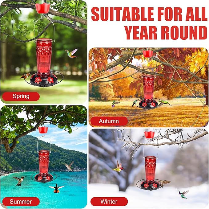 Hummingbird Feeder-16 Ounces，6 Feeding Ports Glass Hummingbird feeders for Outdoors,Wide Mouth for Easy Filling/Cleaning，Hanging for Garden Backyard Decor, Includes Ant Moat (Red)