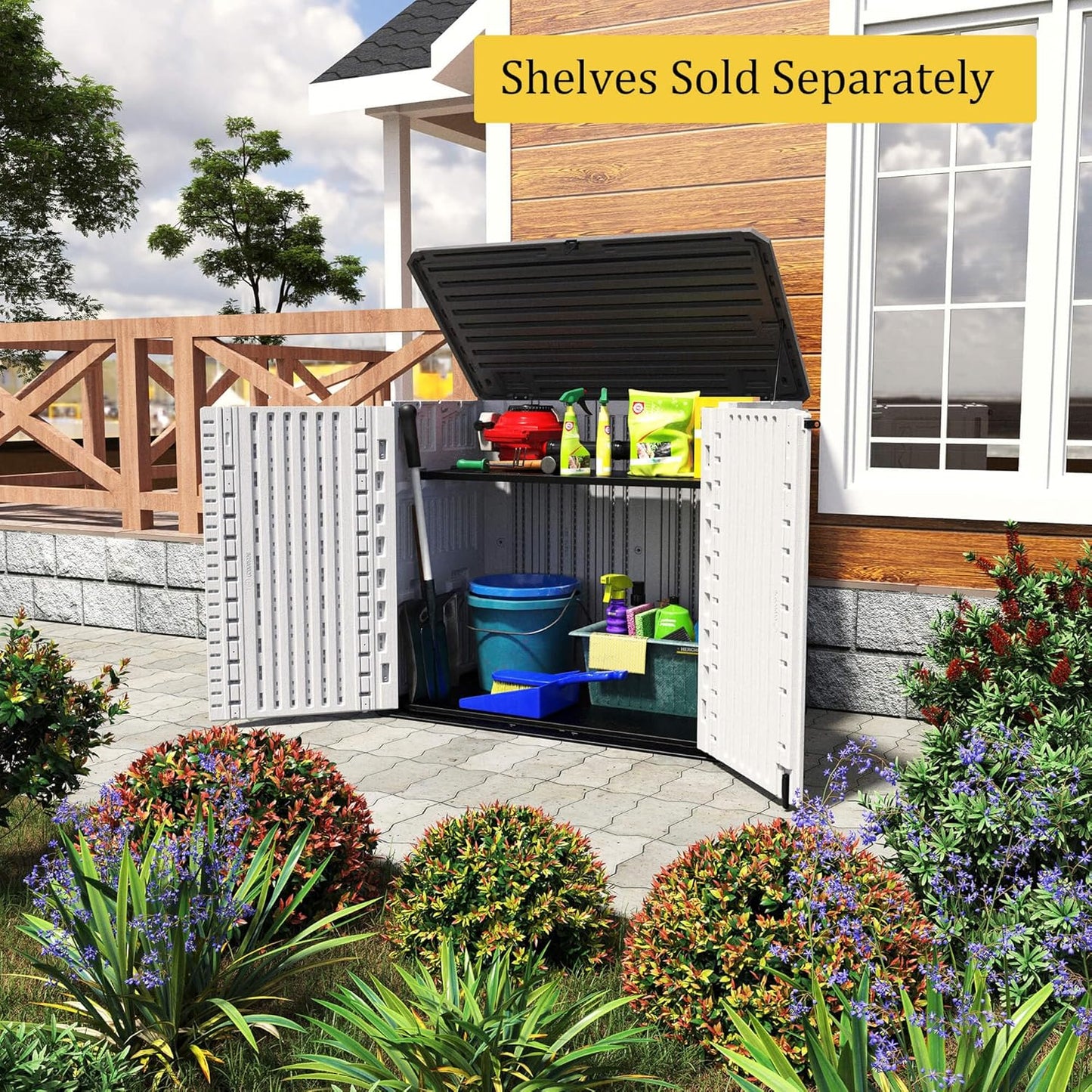 HOMSPARK Storage Shed Weather Resistance, Multi-Purpose Outdoor Storage Cabinet Waterproof, Outdoor Storage Cabinet for Bike, Garbage Cans, Lawnmower, Garden Accessories (off white, Standard-26 cu ft)