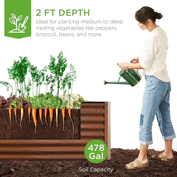 Best Choice Products 8x4x2ft Outdoor Metal Raised Garden Bed, Deep Root Planter Box for Vegetables, Flowers, Herbs, and Succulents w/ 478 Gallon Capacity - Wood Grain