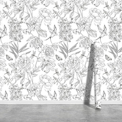 JiffDiff White and Black Wallpaper Peel and Stick Sketched Peony Floral by wallpaper