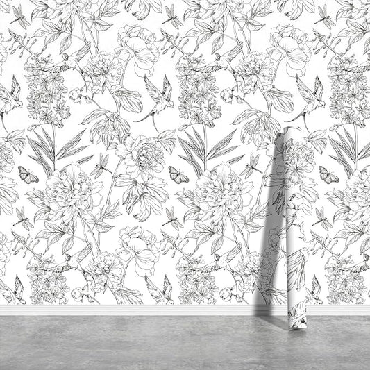 JiffDiff White and Black Wallpaper Peel and Stick Sketched Peony Floral by wallpaper