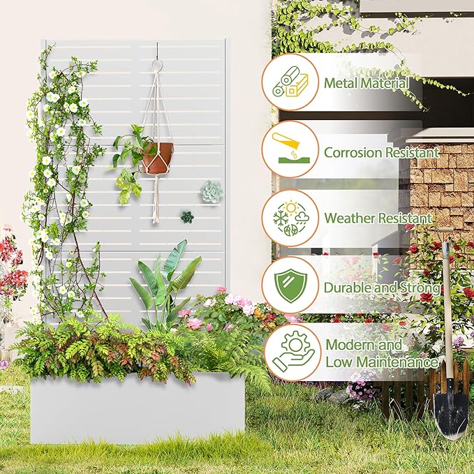 Trellis for Climbing Plants Outdoor，Mental Garden Bed with Drainage Holes Outdoor Privacy Screen Design Tall planters for herb Flower Vegetables 73"x35"x16", White-Louvered