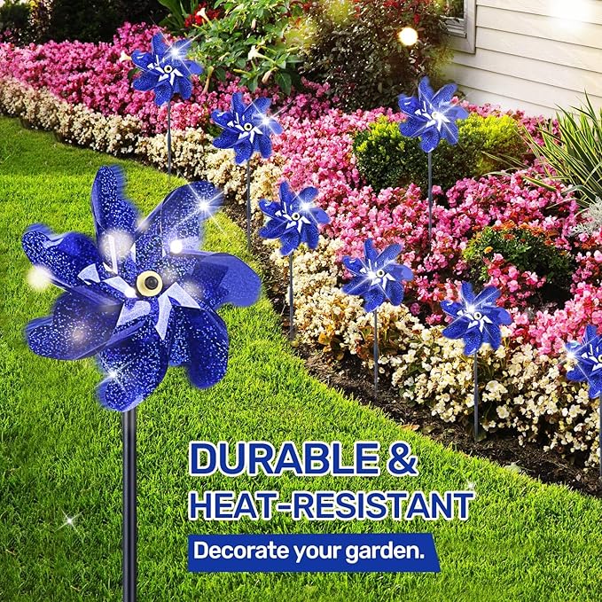 BATTIFE 10 Packs Blue Pinwheels for Yard and Garden, Sparkly Reflective Pinwheel for Scare Birds Away, Wind Spinner Deterrent Outdoor