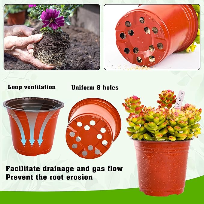 TDHDIKE 6 Inch Plastic Plant Nursery Pot/Pots (100pcs Pots and 100pcs Plant Labels) Seedlings Flower Plant Container (Red) Seed Starting Pots Indoor Outdoor
