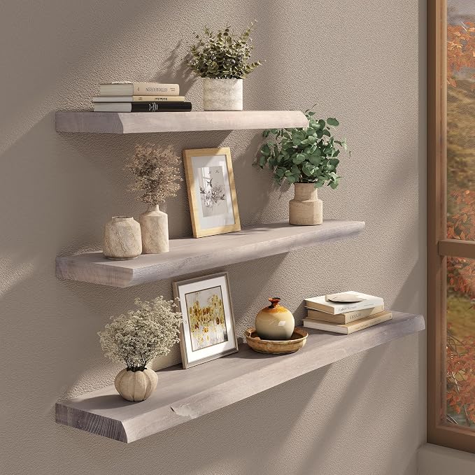 Live Edge Floating Shelves Set of 2, 36 Inch Solid Elm Wood Wall Shelves - Image 2