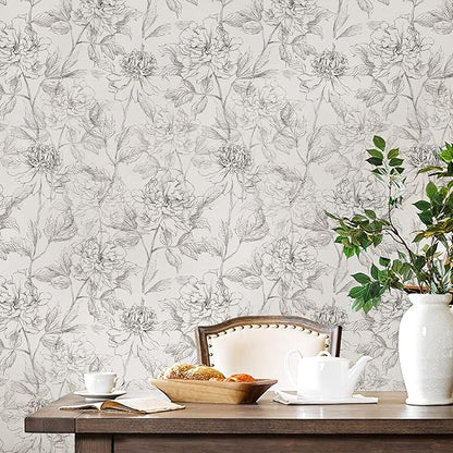 JiffDiff Black and White Floral Wallpaper Peonies Removable Peel and Stick - Image 6