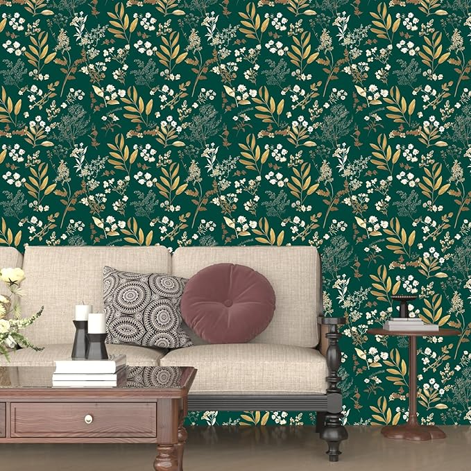Dark Green Floral Wallpaper Peel and Stick Green Golden Leaf Wallpaper Vintage - Image 4
