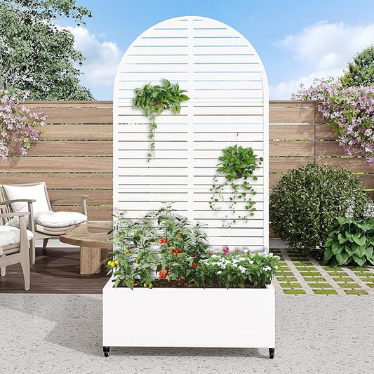 Casaphoria Metal Raised Garden Bed with Trellis and Wheels, 72"x35"x16" Arched Planter Box for Climbing Plants, Vegetables & Vines, Features Drainage Holes and Privacy Screen (White-Louvered)