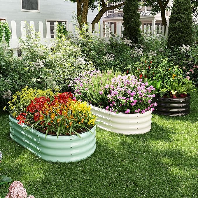 Galvanized Metal Planter Round Raised Garden Bed Kit for Gardening Outdoor，3x3x1ft 2PC Grow Garden Box Raised Flower Bed，Round Galvanized Planter Outdoor Large Metal Fire Pit Ring Green