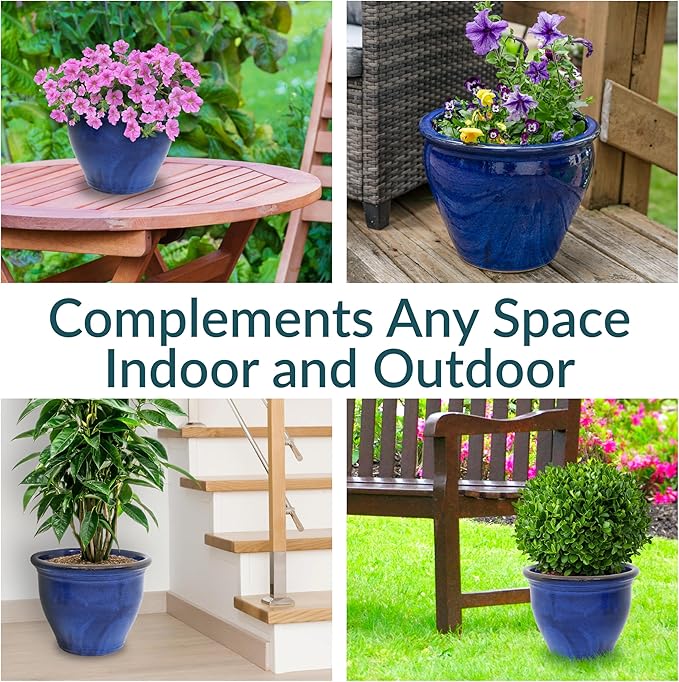 Sunnydaze 18.5" Large Ceramic Plant Pot - Round Outdoor Glazed Ceramic Planter Pot with Drainage - Imperial Blue - Studio