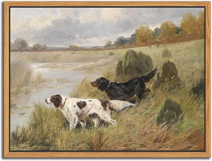 Floating Framed Vintage Hunting Dog Wall Art, Classic Countryside Landscape by Unknown
