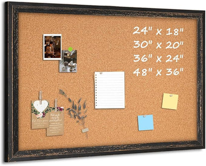 Cork Board Bulletin Board, Rustic Black Wooden Frame, Decorative Hanging Pin by QUEENLINK