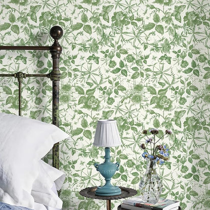 JiffDiff Floral Vintage Wallpaper Peel and Stick，Green Rose Wallpaper Removable - Image 2