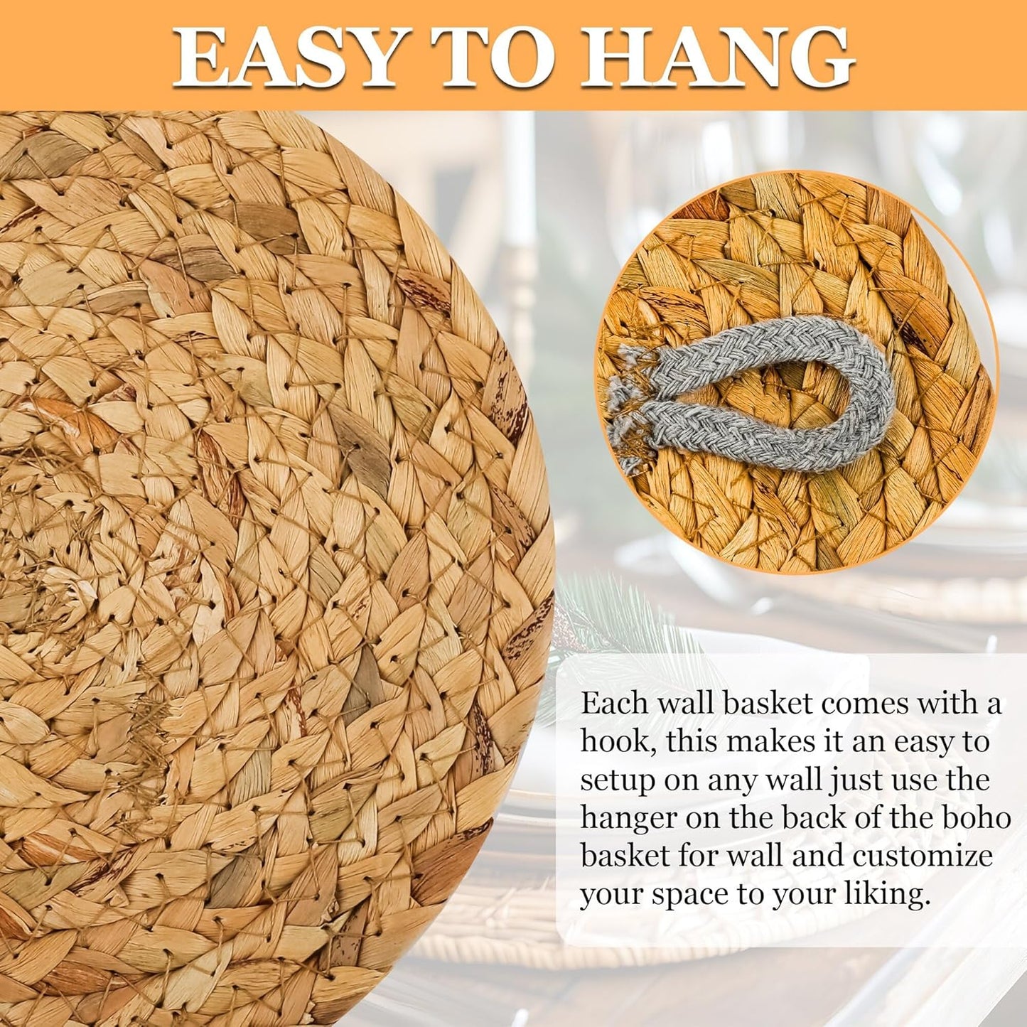 Boho Wall Basket Decor Set of 9, Woven Hanging Wall Decor Seagrass Rattan Wicker Round Handmade Rustic Flat Elegant Wall Art for Farmhouse Living Rooms Bedrooms Display Table Settings Kitchen Home