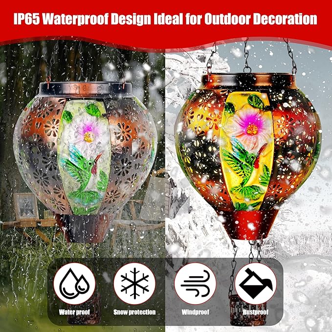 Hummingbird Solar Hot Air Balloon Lantern with Flame, Hot Air Balloon Decorations for Garden Yard Porch Decor, Glass Large Hanging Outdoor Decor, Solar Lantern Waterproof, Hummingbird Gardening Gifts